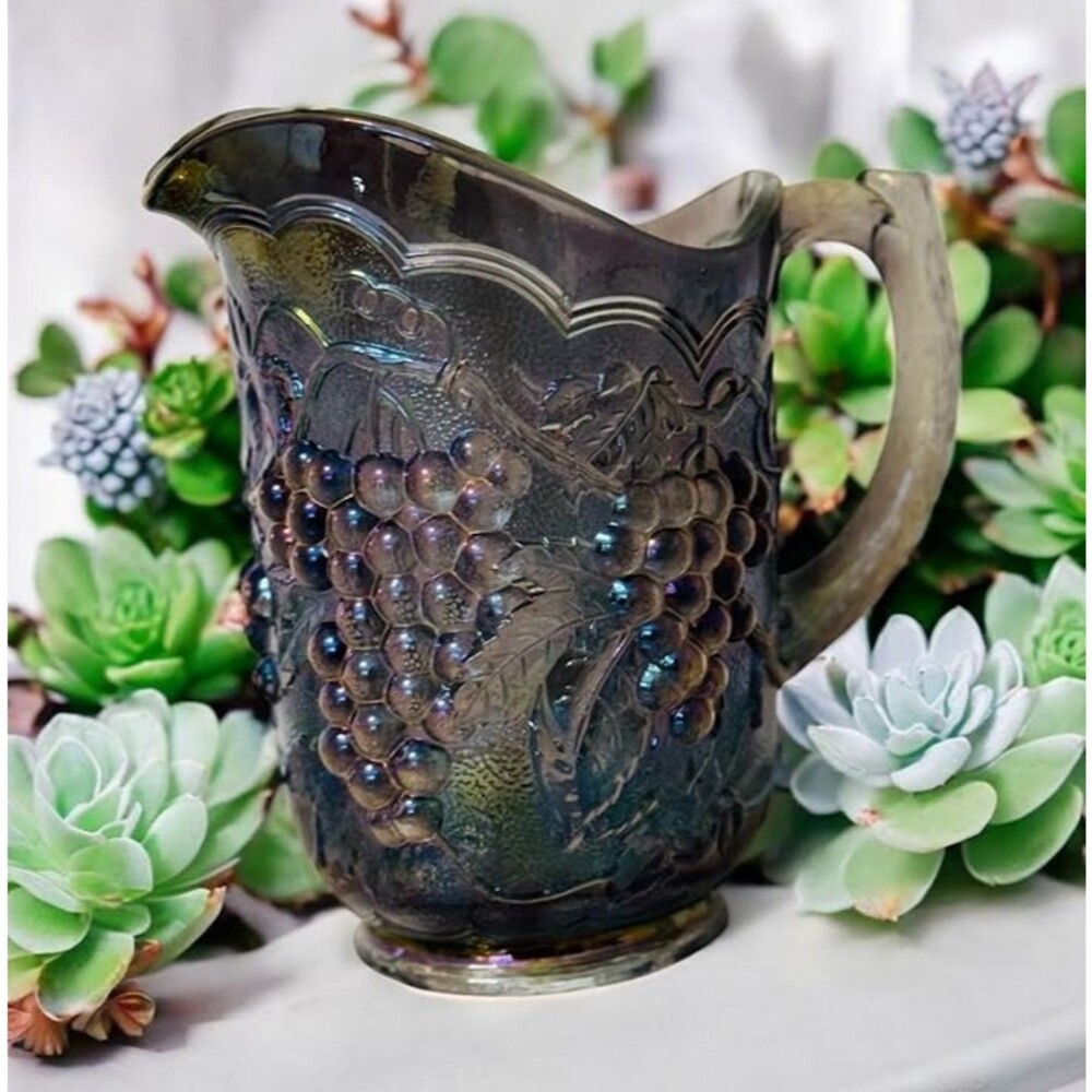 MCM Imperial Smoke Carnival Glass Embossed Grapes Water Pitcher Measures 8.25”